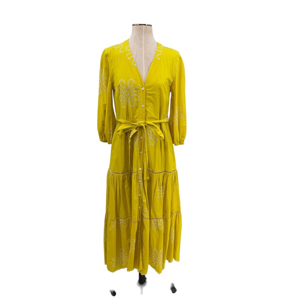 Pearl Lela Rose Yellow Eyelet Floral Tiered Belted Midi Dress‎ Cotton Size Small